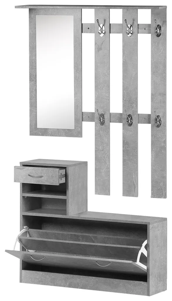 Vestiaire d'entrée 3 en 1 gris béton avec miroir et banc à chaussures