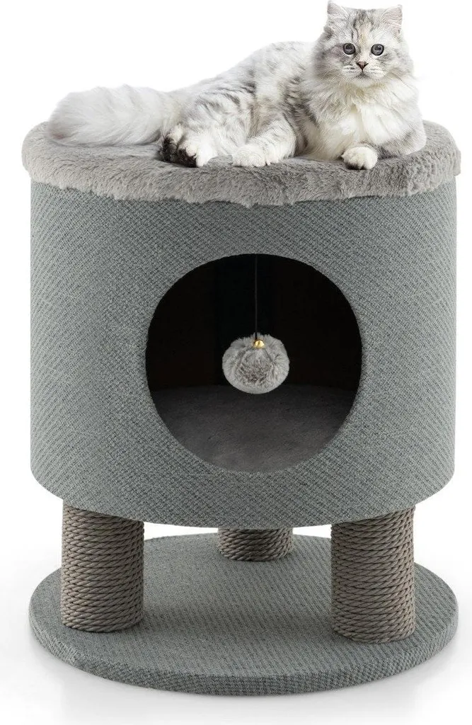 Pouf chat anti-griffures sur canapé avec sisal et siège peluche gris