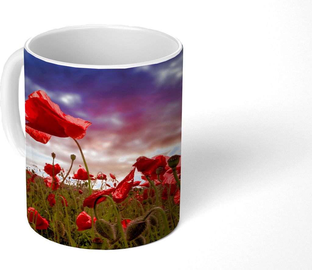 MuchoWow Tasse Kaffeetasse Kaffeebecher 350 ml Mohn - Blumenfeld - Rot Teetasse - Fototasse - Becher - Keramikbecher - Teebecher - Kaffeetasse - ...