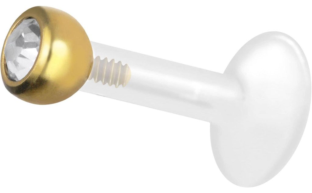 Ohrpiercing, Nasenpiercing PTFE Labret mit Innengewinde + Titan-Aufsatz KRISTALL Gold Stablänge: 7mm + Stabstärke: 1,6mm + Kugelgröße: 3mm