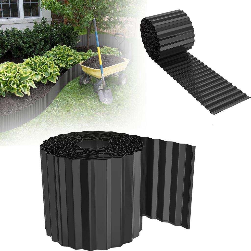 A collage showing a garden border being installed and close-ups of the product.