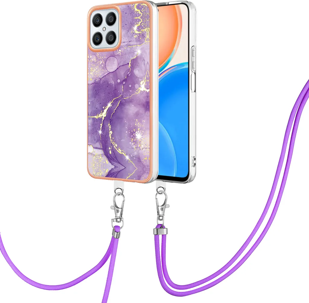 Custodia con cinturino per Honor X8 4G, paraurti in TPU morbido, custodia protettiva, con cinturino regolabile Viola