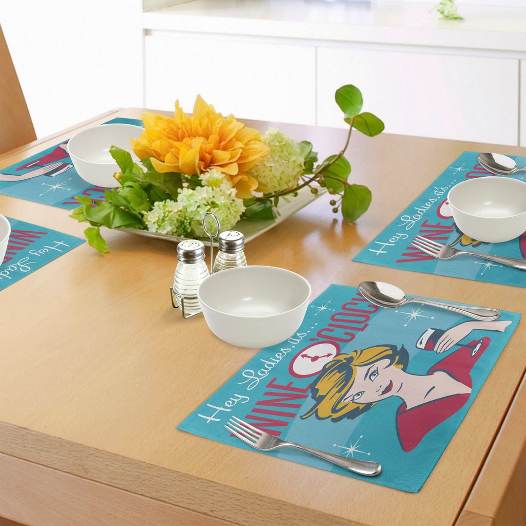 ABAKUHAUS Wein Platzmatten, Ladies It's Wine O'Clock Hübsche Frau trinkt Portrait Cheers Retro Design, Tiscjdeco aus Farbfesten Stoff für das Ess...