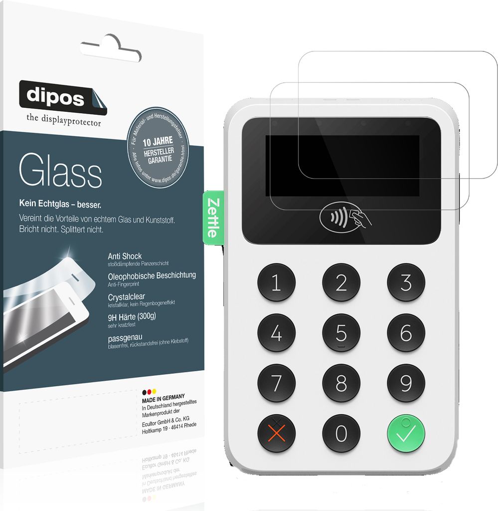2x Schutzfolie für Zettle Reader 2 - Anti-Shock 9H Folie dipos Glass Kunststoffglas