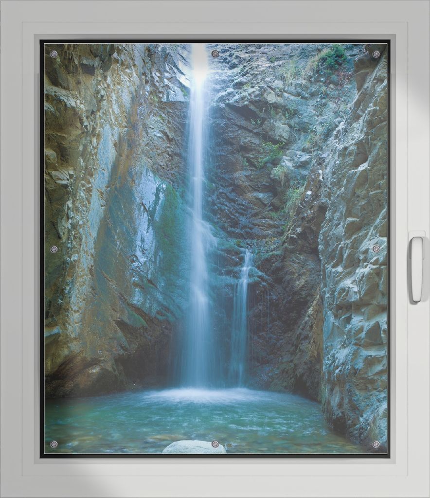 Wallario Lichtschutzbild, Dekorativer Sichtschutz Sonnenschutz 96 x 115 cm mit Motiv: Wasserfall bei Sonneneinfall - Verdunklung ohne Bohren