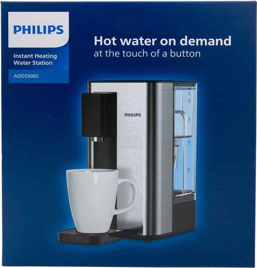 The image shows the packaging of a Philips Instant Heating Water Station.