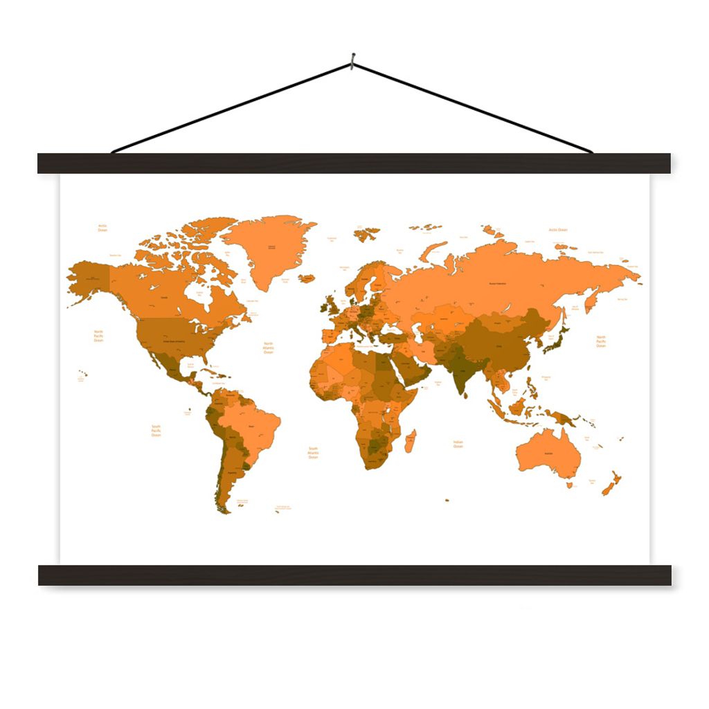 MuchoWow Textilposter Weltkarte - Orange - Einfach 90x60 cm mit schwarzem Rahmen - Aufhängungssatz