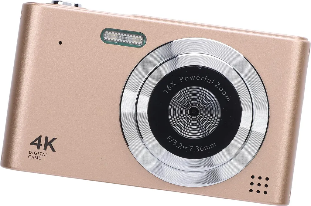 Fotocamera digitale, zoom 16x, 4K, 48 MP, schermo IPS da 2,4 pollici, registrazione video anti-shake, compatta per viaggiare, con flash, oro