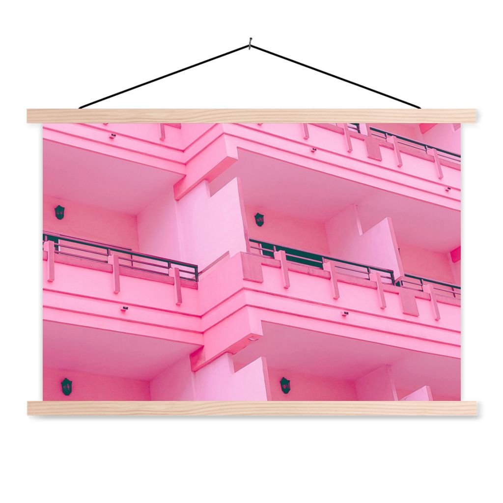 MuchoWow Textilposter Balkon - Sommer - Rosa - Architektur 120x80 cm mit holzfarbenen Rahmen - Aufhängeset