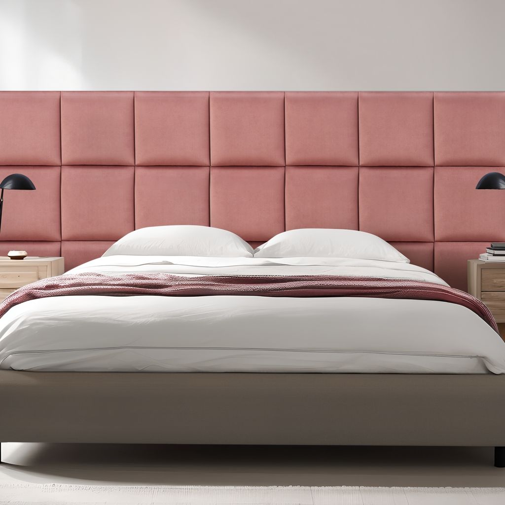 A bedroom scene with a bed and a pink upholstered headboard.