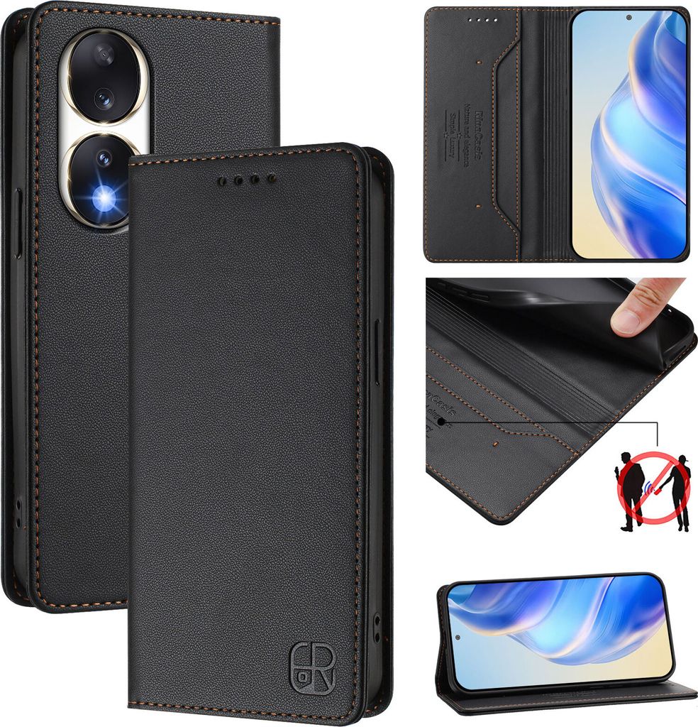 Lederhülle für Honor 90 Hülle Flip Brieftasche Kartenfächern Ständer Schutzhülle Schwarz