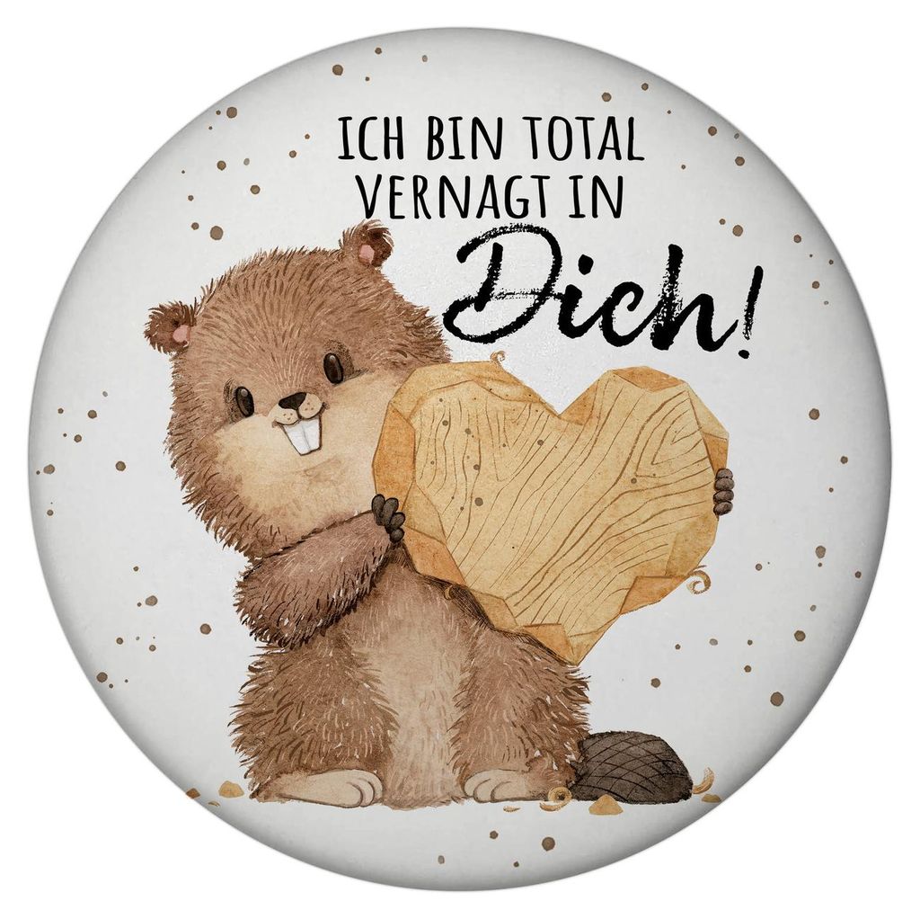 Biber Magnet rund mit Flaschenöffner rund mit Spruch Ich bin total vernagt in