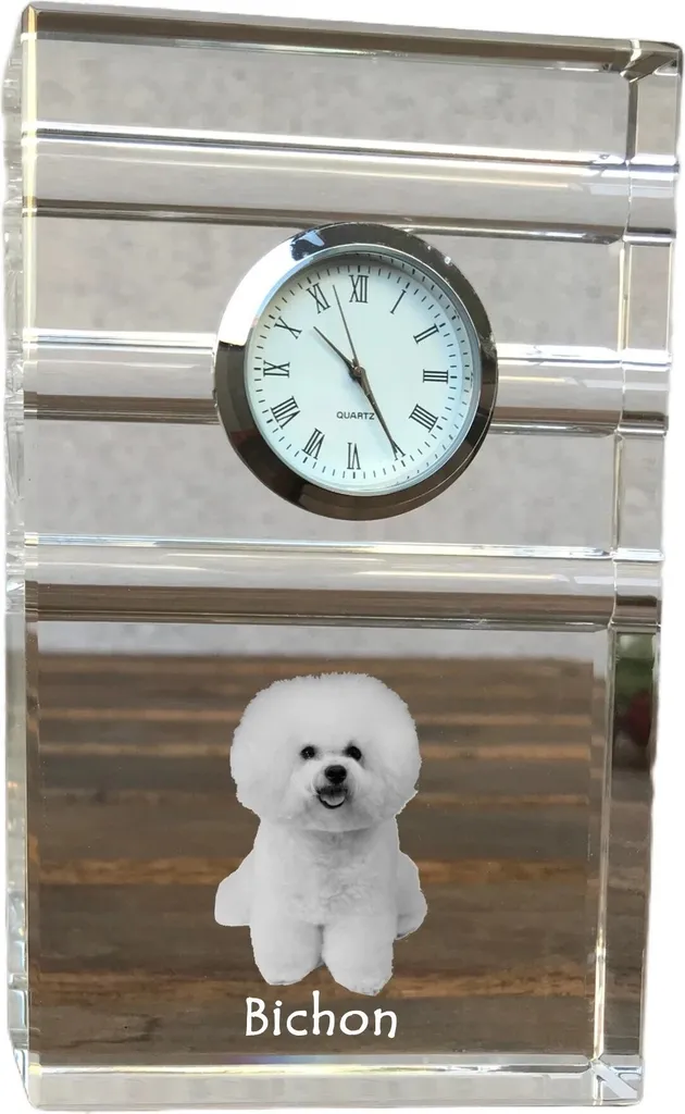 Bichon frisé - orologio da tavolo con foto, foto del cane in cristallo, orologio da tavolo personalizzato per l'ufficio del marchio Art-Dog