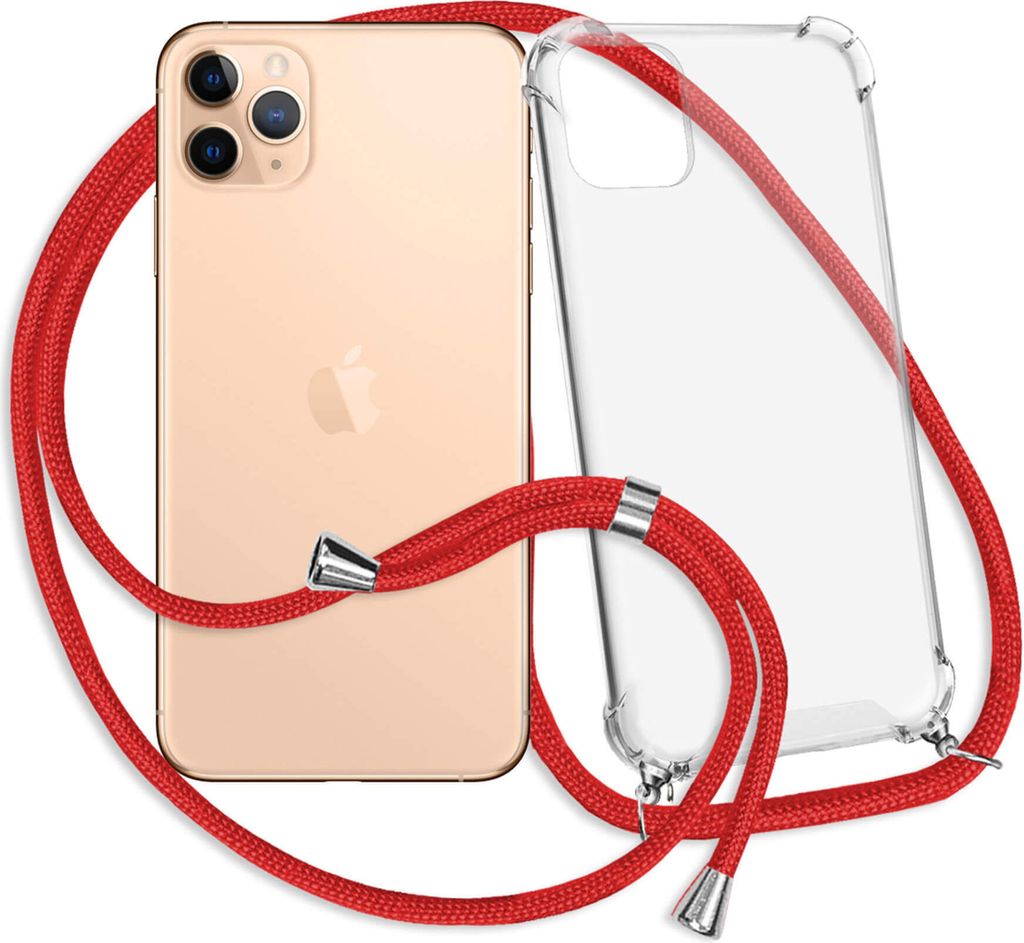 Handykette Backcover-Schutzhülle mit Band (Metall silberfarben) für Apple iPhone 11 Pro Max - rot