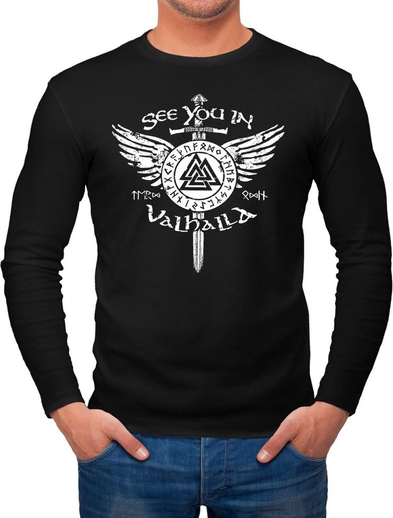 Herren Longsleeve See you in Valhalla Schwert Runen Odin Vikings Langarm-Shirt Fashion Streetstyle Neverless schwarz XXL