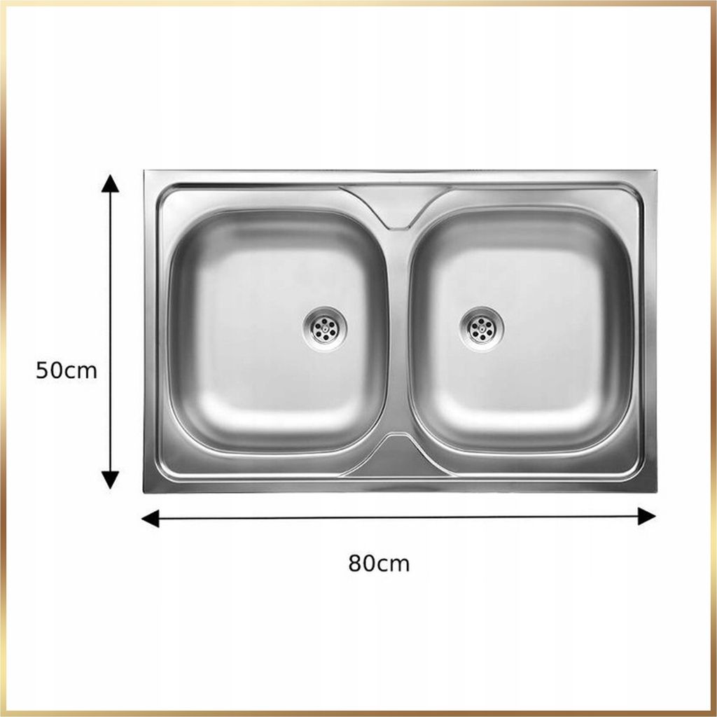 A top-down view of a double-basin stainless steel kitchen sink with dimensions indicated.