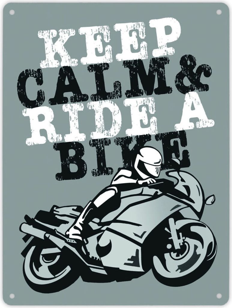 Keep calm & ride a bike Metallschild XL in 21x28 cm in grau zum Thema Motorrad