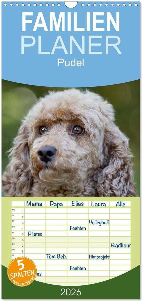 Familienplaner 2026 - Pudel mit 5 Spalten (Wandkalender, 21 x 45 cm) CALVENDO