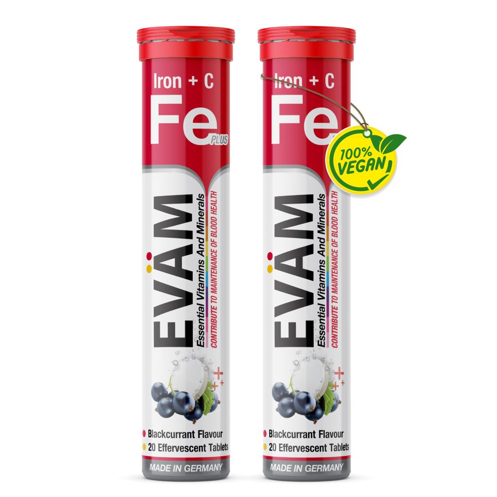 EVÄM Eisen + Vitamin C Brausetabletten, bei Müdigkeit & Ermüdung, Vegan, Zuckerfrei | schwarze Johannisbeere | 2x 20 Brausetabs Hergestellt in G...
