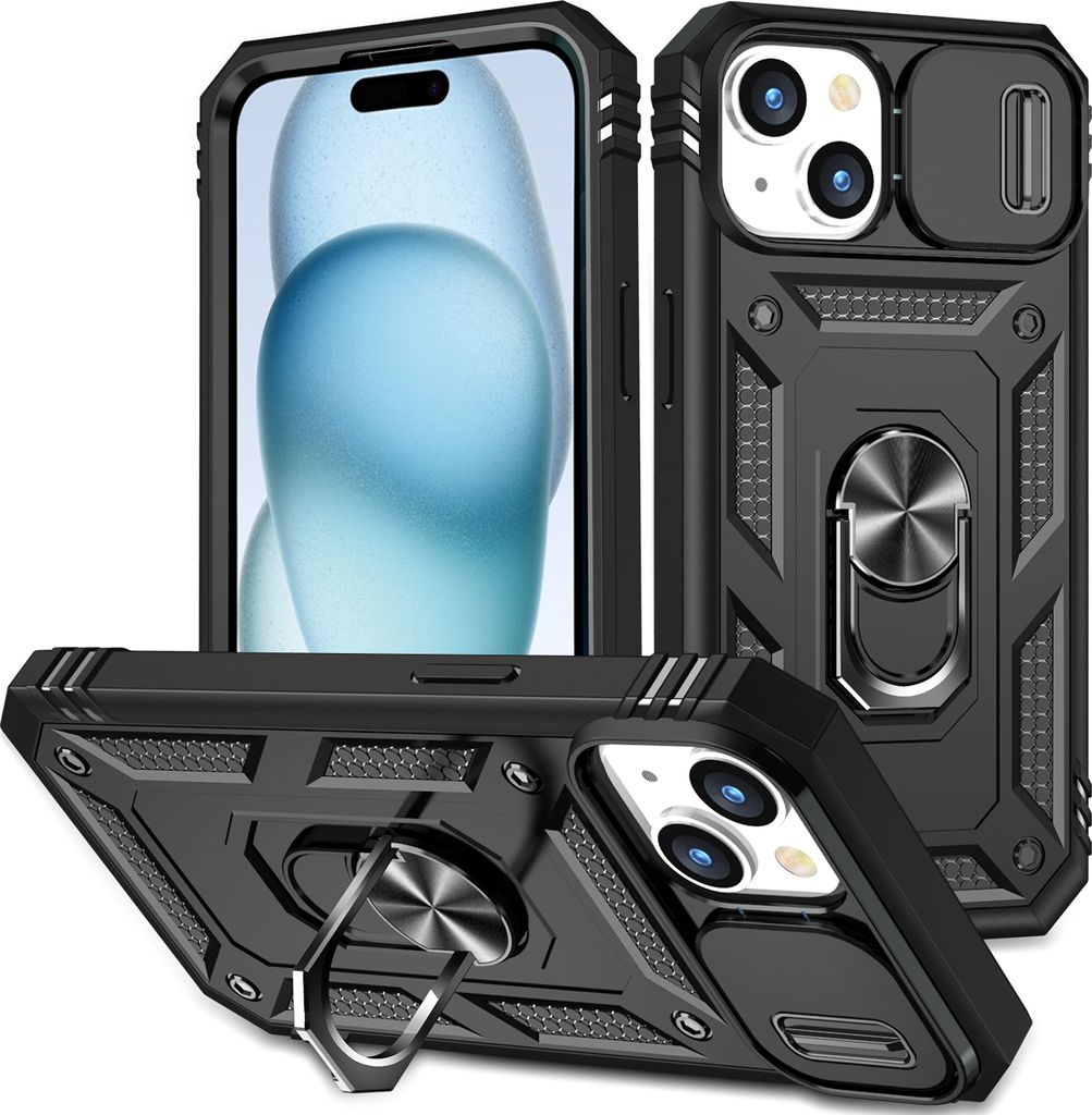 iPhone 15 Hülle, Schiebe Kamera Schutz Robust Schutzhülle mit Ringhalterung Ständer Kartenhalter für iPhone 15 Schwarz