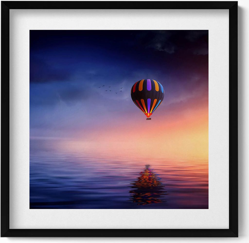 Ballon über dem Wasser– Wandbild mit Rahmen – Gerahmtes Bild – Wanddekoration – 50x50 cm – Schwarz Rahmen