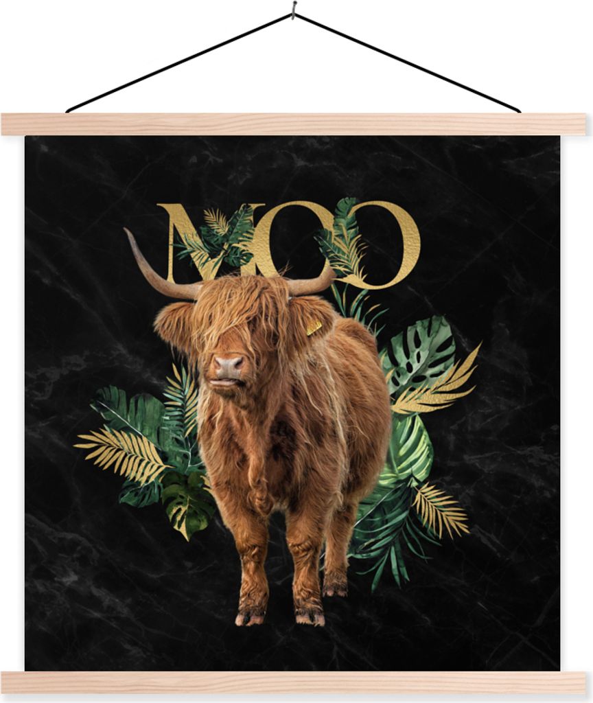 MuchoWow Textilposter Schottisches Hochlandrind - Gold - Marmor 40x40 cm mit holzfarbenen Rahmen - Posterleiste