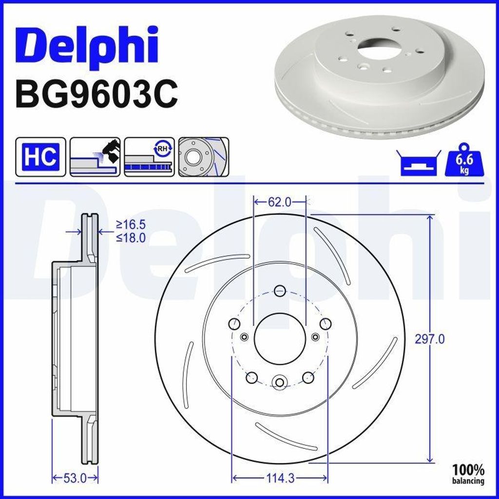DELPHI Bremsscheibe Hinten Rechts für TOYOTA YARIS (P21, PA1, PH1) 297mm BG9603C