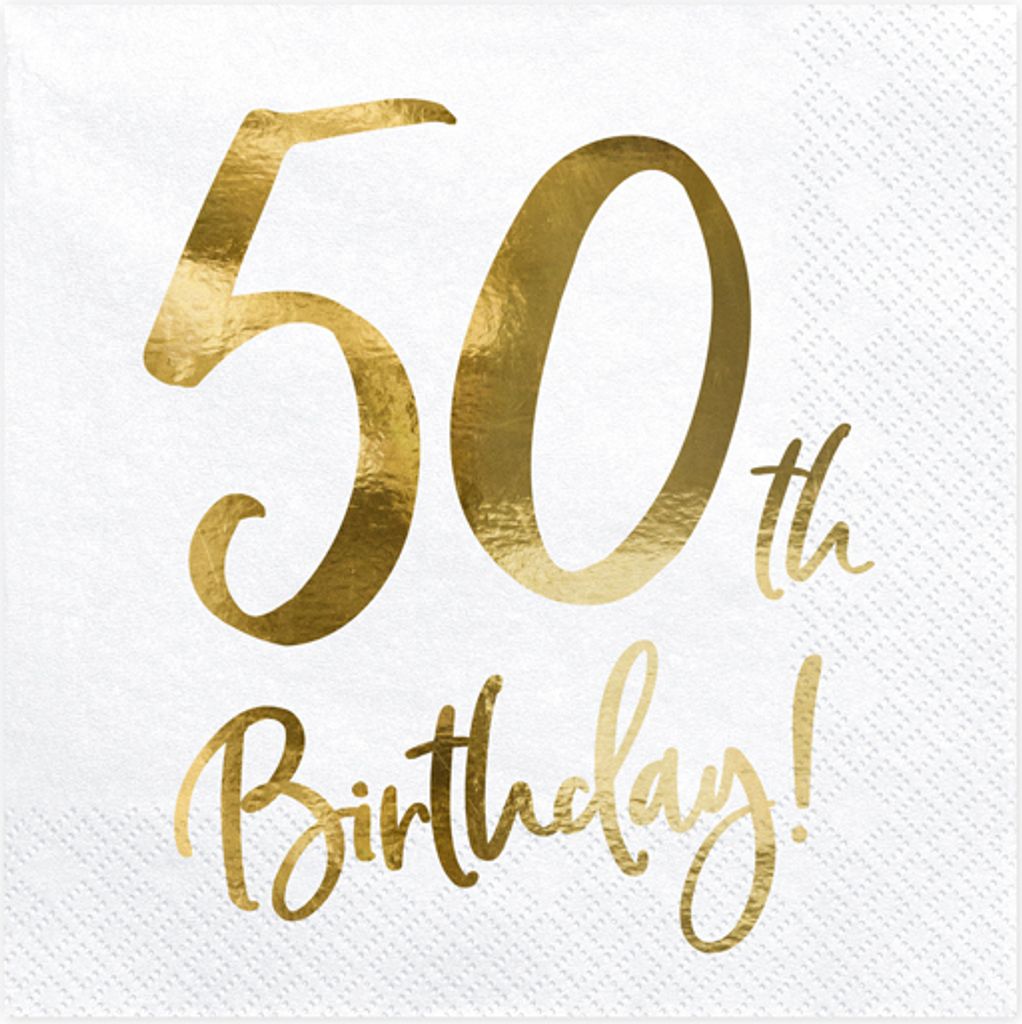 Tovaglioli per 50° compleanno 33x33cm 20 pezzi, bianco/oro Immagine del prodotto 