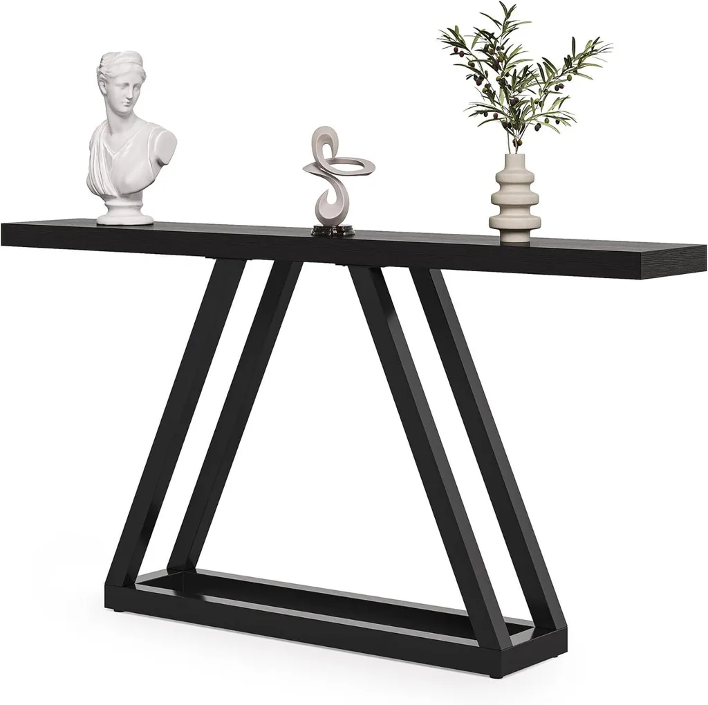 Table d'Appoint Industrielle Noire 160cm, Console Fine et Robuste XXL