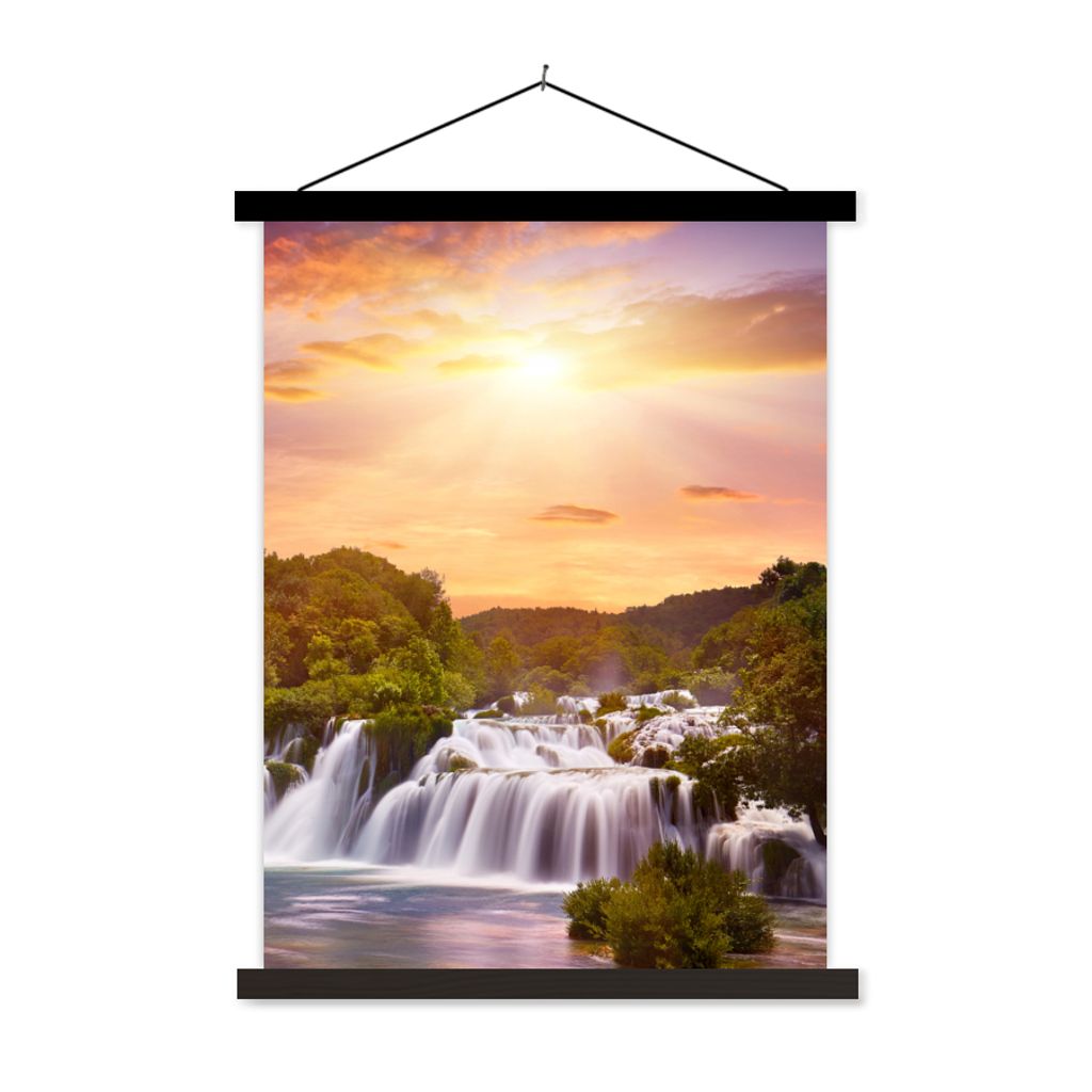 MuchoWow Textilposter Wasserfall - Landschaft - Sonne - Wolken - Sonnenuntergang 60x80 cm mit schwarzem Rahmen - Plakathalter
