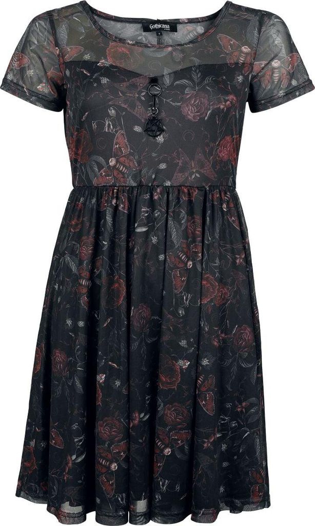 Gothicana by EMP Damen schwarzes kurzes Kleid mit Allover Print und Pentagrammanhänger S