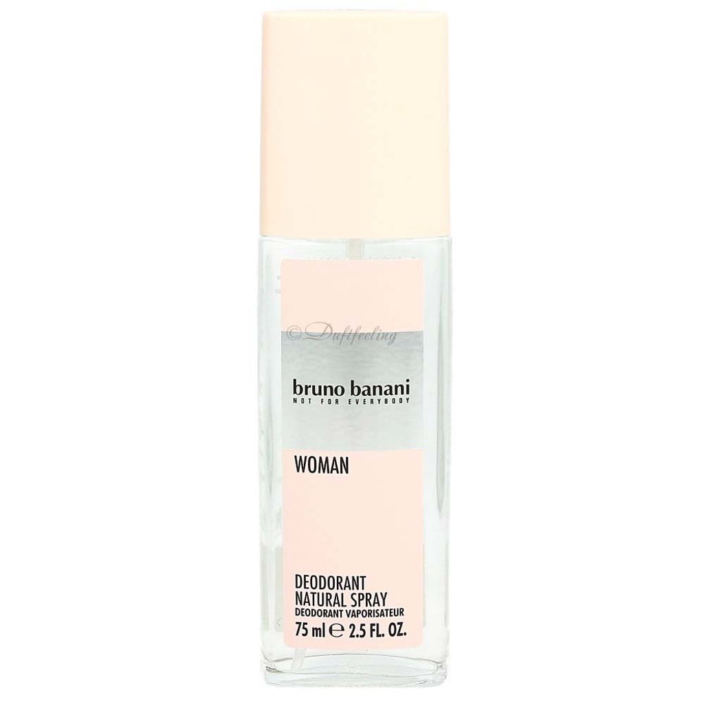 A clear, front-facing studio shot of a Bruno Banani Woman Deo Natural Spray bottle against a white background.