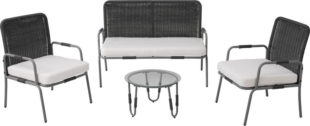 Poly Rattan Sitzgruppe(Grau)Gartenmöbel Sitzgarnitur Garten-Garnitur Set für 4 Personen, mit Sessel, Couchtisch,Kissen, abnehmbarer und waschbarer