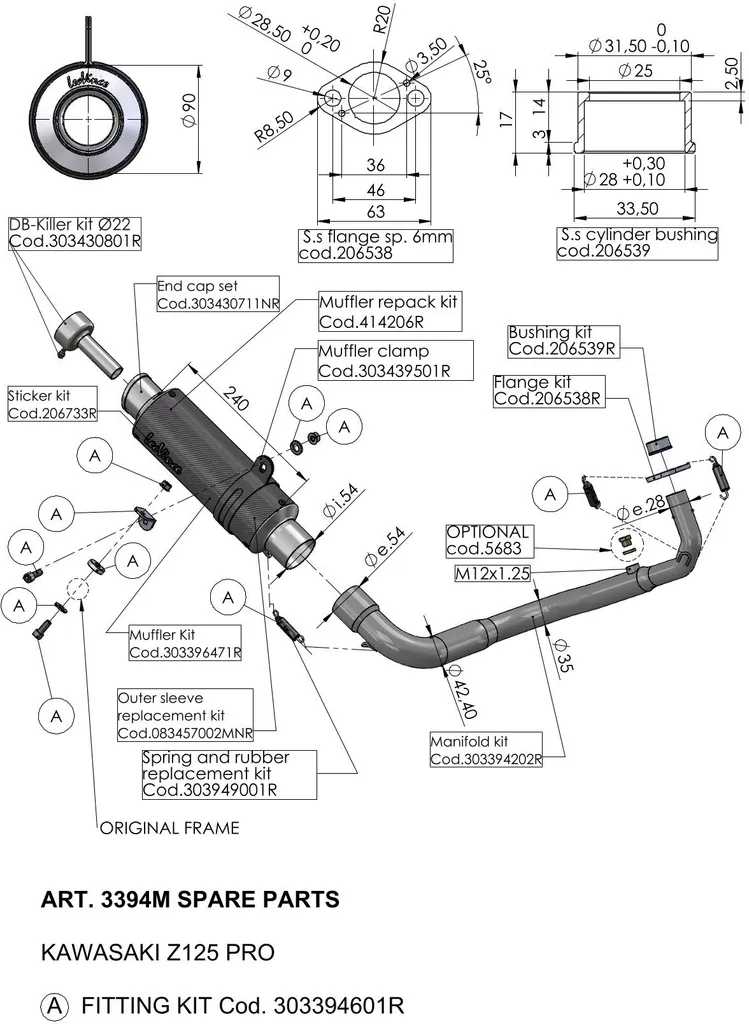 Support d'échappement LeoVince et kit de vis pour Kawasaki Z 125 Pro