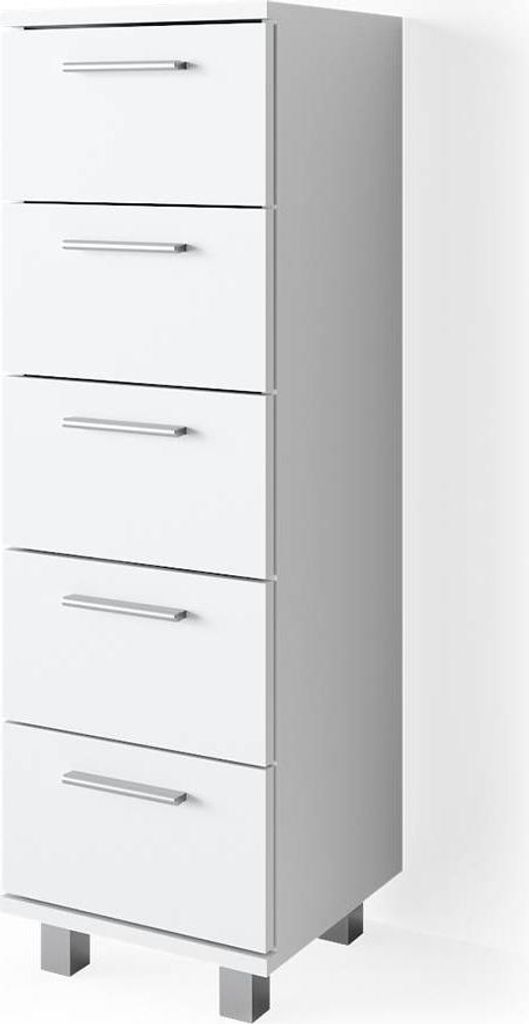 A tall, narrow white cabinet with five drawers, shown from a slightly angled front view.