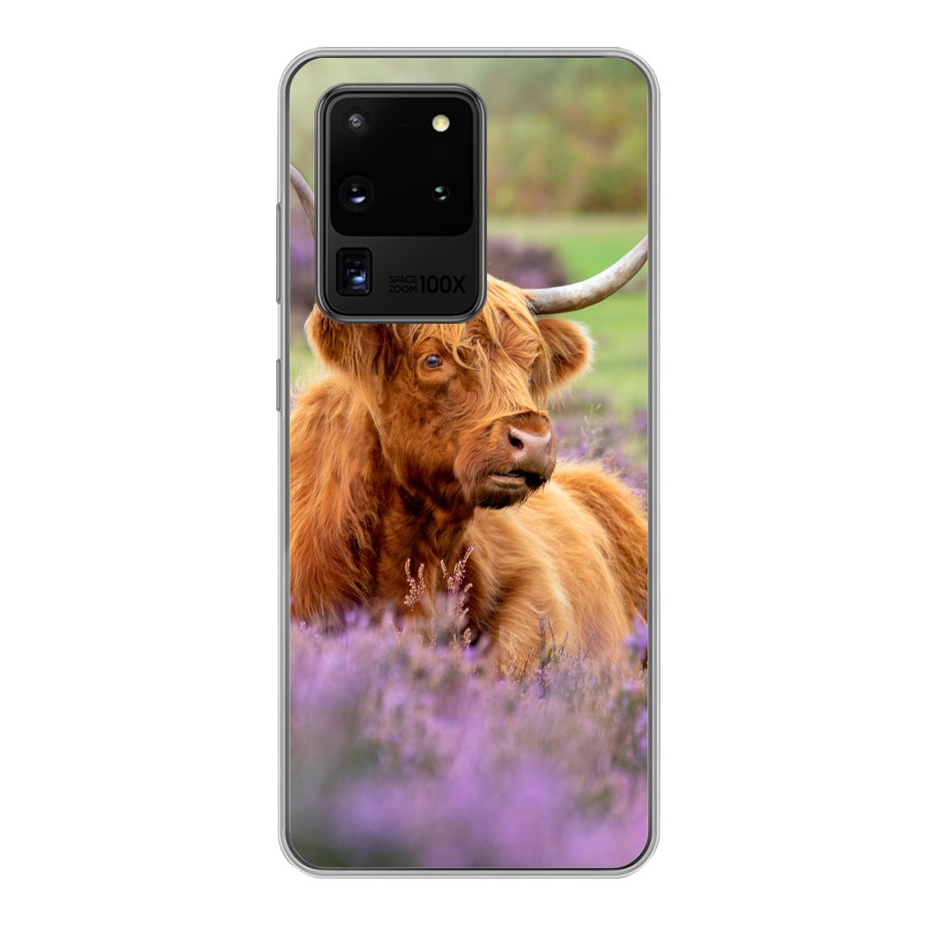 MuchoWow Handyhülle Schutzhülle Hülle für Samsung Galaxy S20 Ultra Schottischer Highlander - Braun - Büsche Silikon Softcase Handy Hülle - ...
