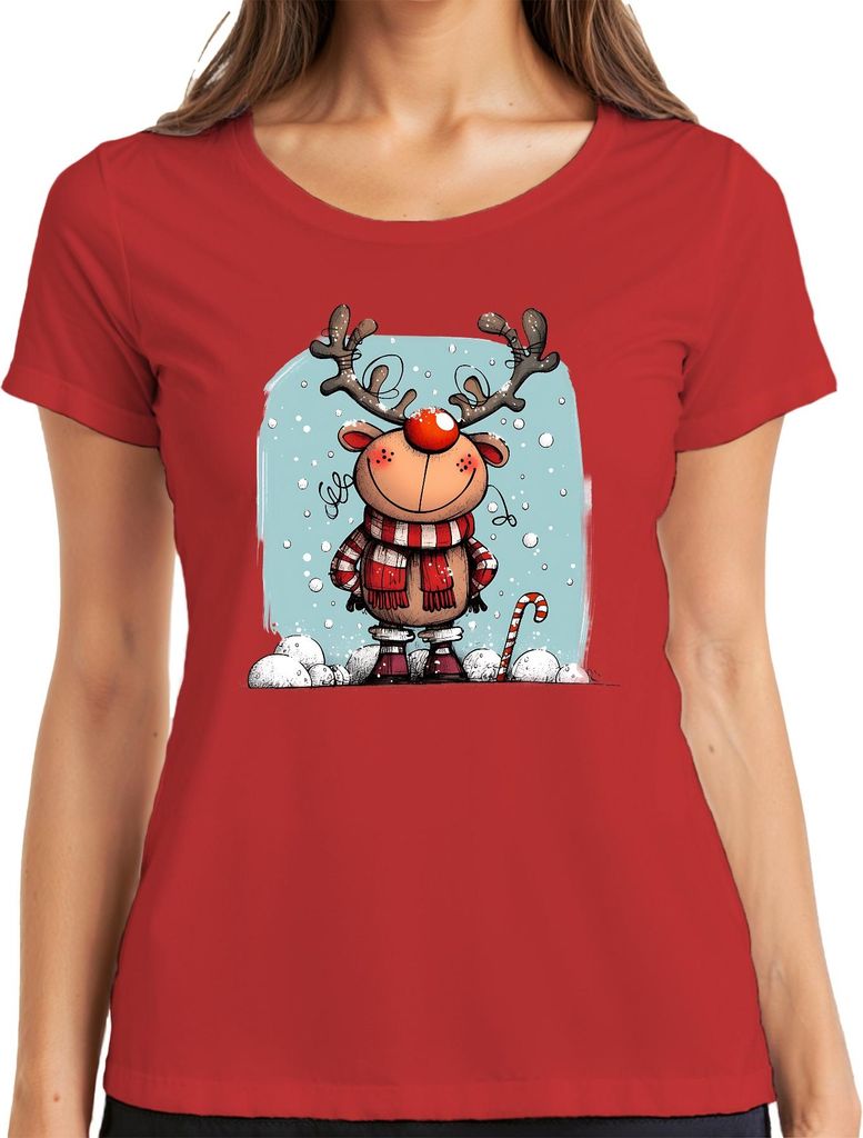 Rudolf Rentier Rotnase Weihnachten Lustig Schal Zuckerstange Damen T-Shirt, Rot, S