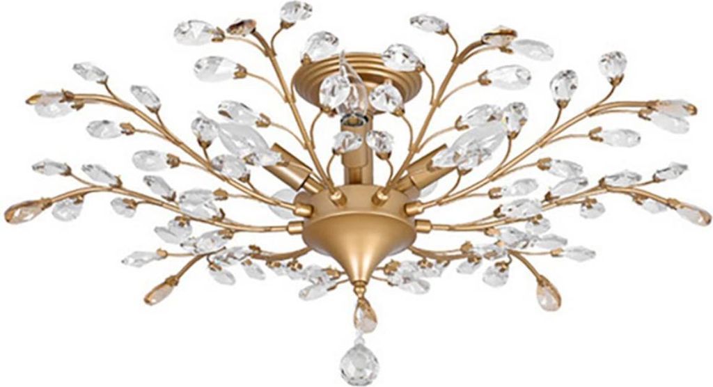 A close-up, studio shot of a gold-colored ceiling light fixture with clear crystal accents.