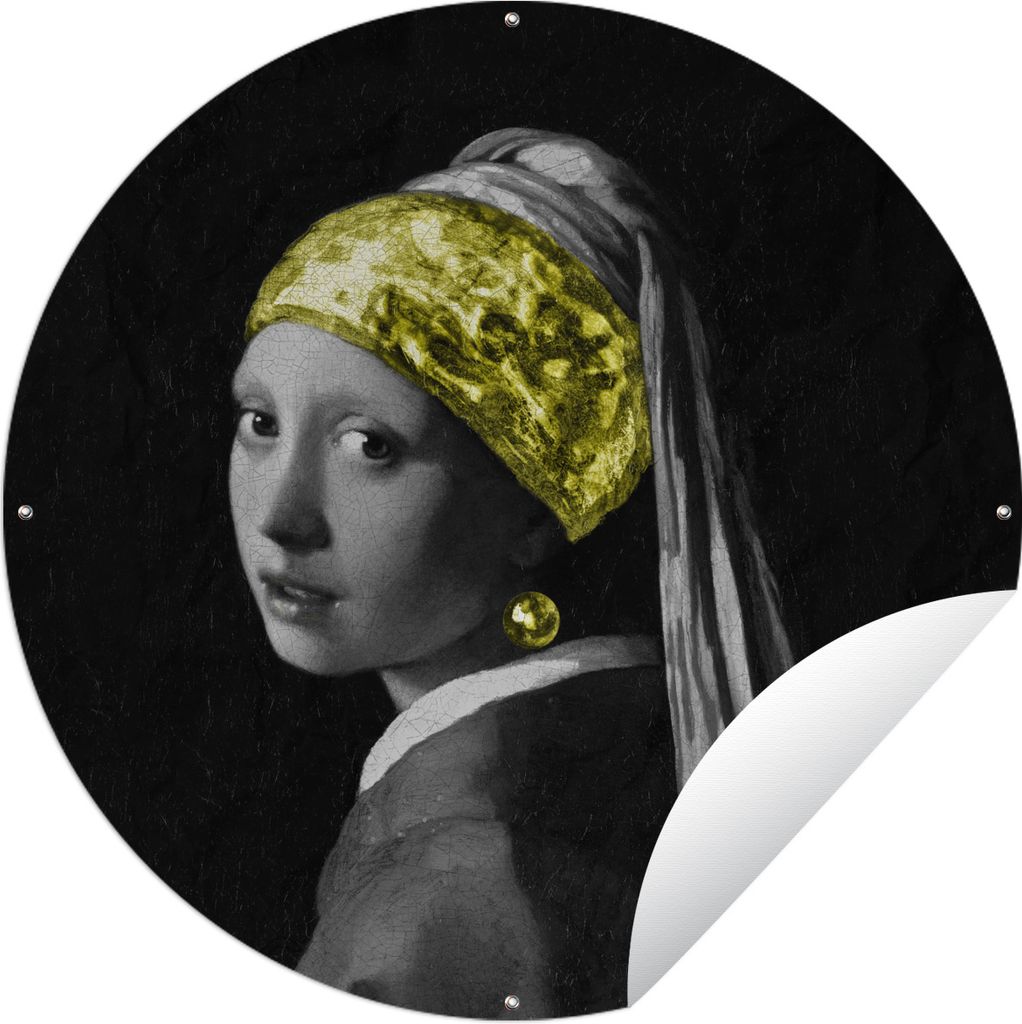 MuchoWow Gartenposter Outdoor-Poster Rund Mädchen mit einem Perlenohrring - Gemälde - Gold Ø 90 cm Gartendeko Rundes Poster draußen