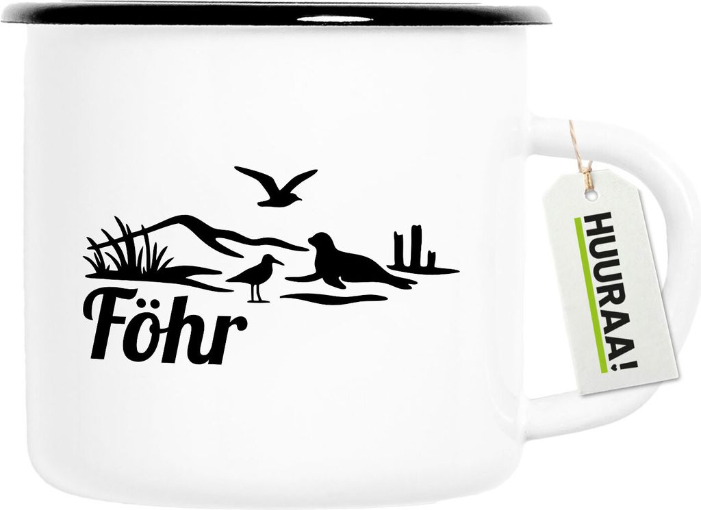Huuraa Emaille Tasse Föhr Strandmotiv 300ml Vintage Campingbecher Geschenkidee