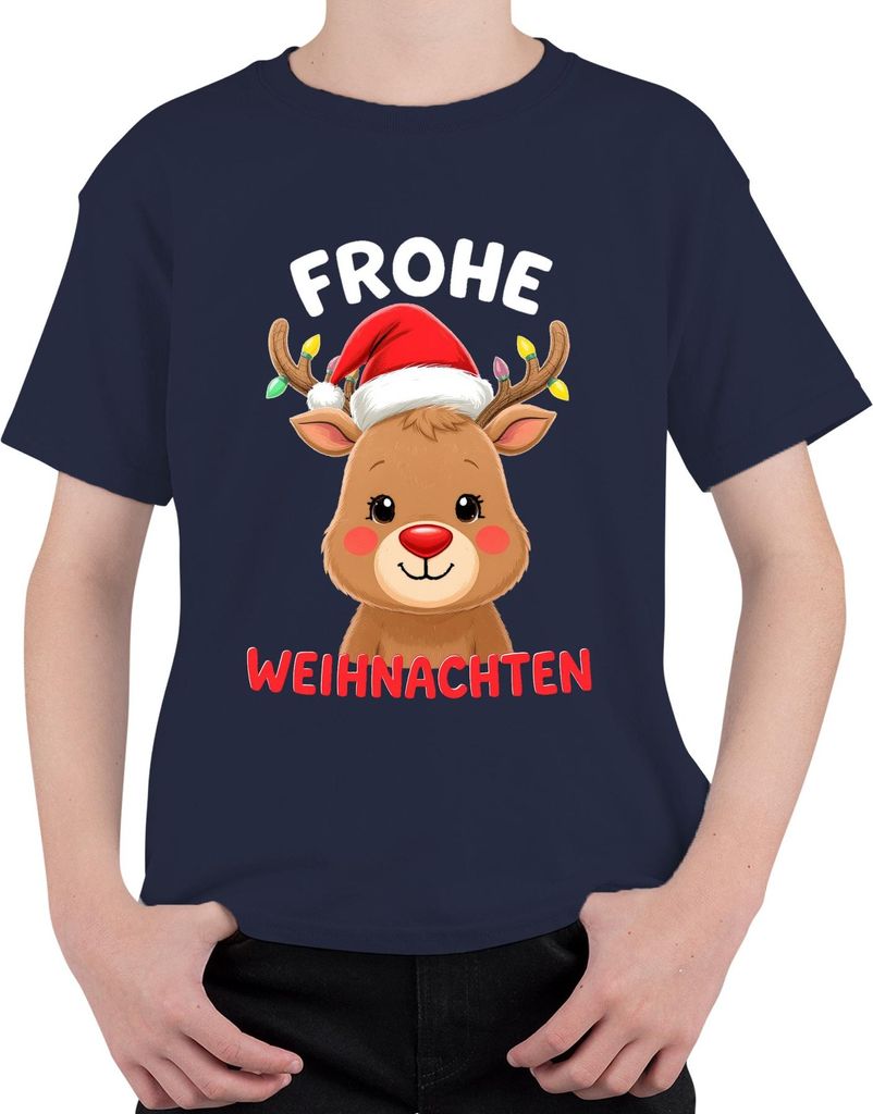 Frohe Weihnachten Weihnachtsgeschenk Rentier niedlich Rudolph Uni Kinder T-Shirt, Navy, 140