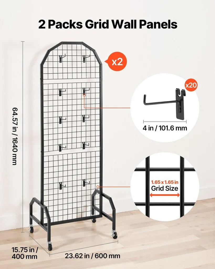 Grille d'Exposition sur Pieds avec Roulettes 164cm, Structure Acier Noire