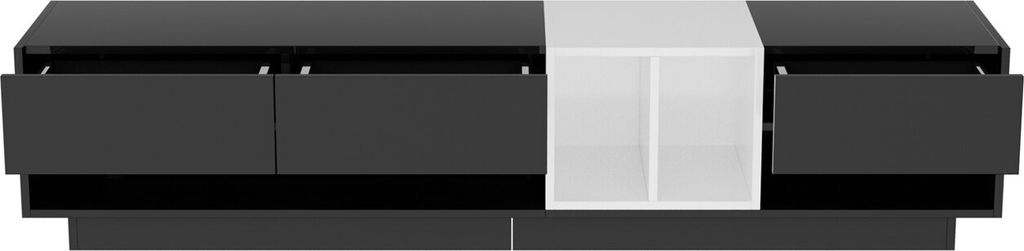 TV-Schrank,niedriges Paneel,Hochglanz-Schwarz-Weiß-Kombination. Farbblockierendes Design, Schubladen, Fächer und mehrere Stauräume