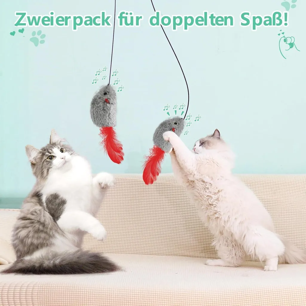 Set de 2 souris interactives pour chat avec couineur et queue à ressort - 6
