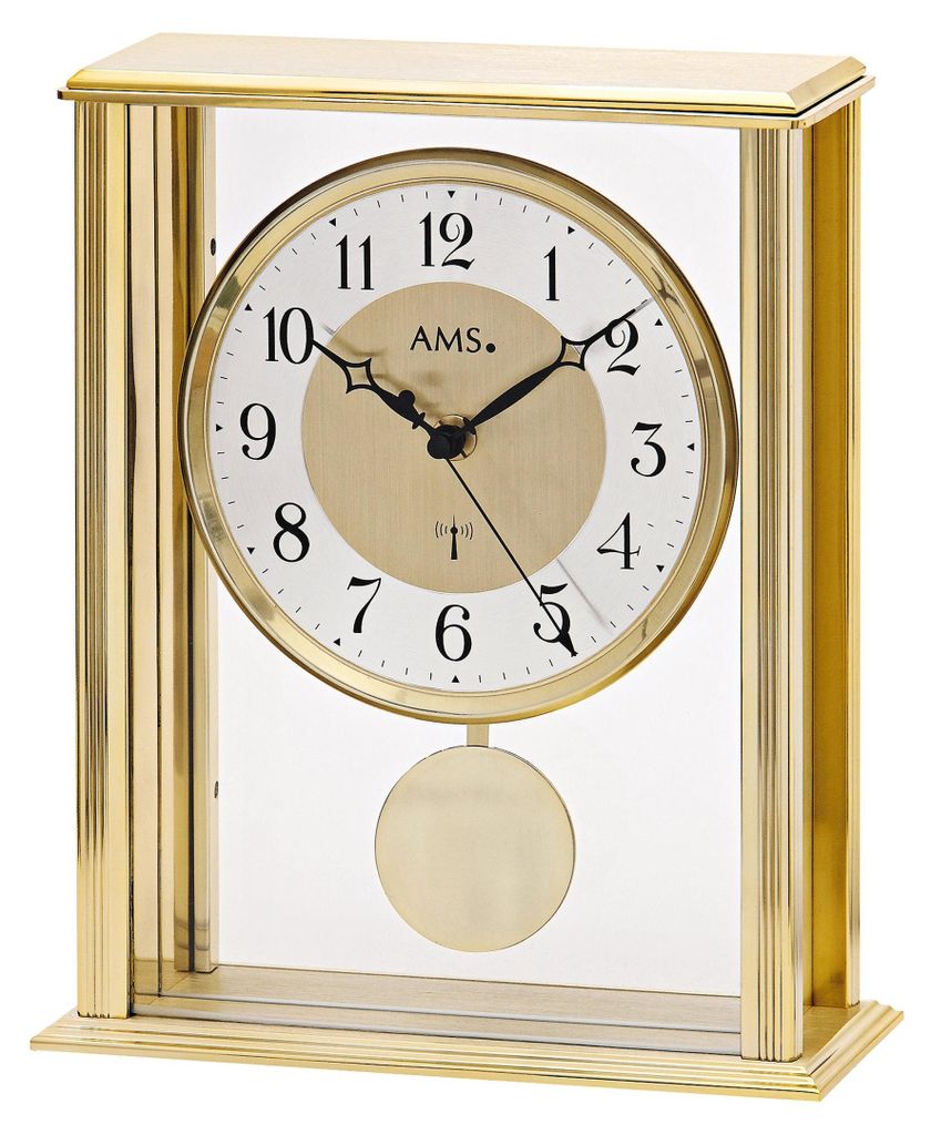 AMS 5191 Funkpendeluhr, goldenes Metallgehäuse und Produktbild 