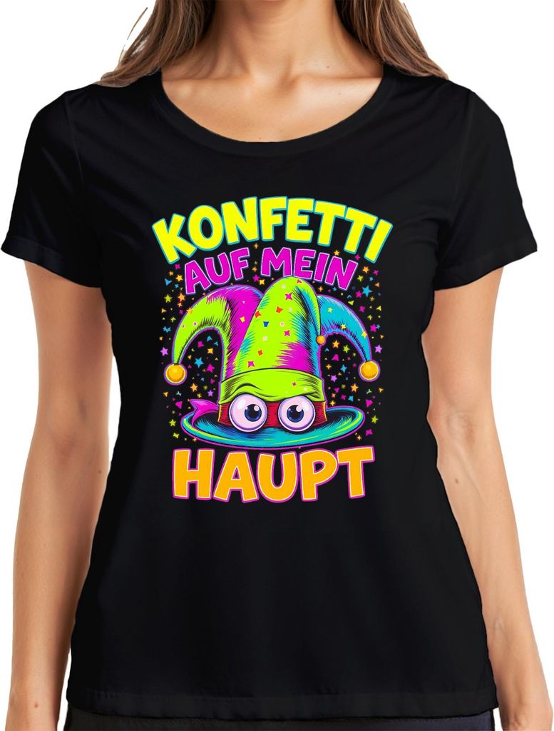 Konfetti auf mein Haupt Karneval Fasching Narrenkappe bunt lustig Damen T-Shirt, Schwarz, XXL