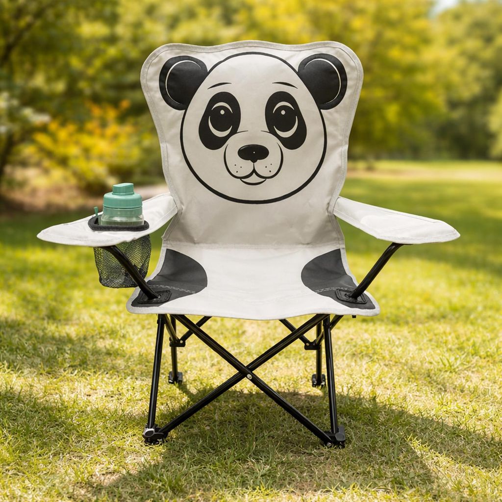 Kinder Campingstuhl Anglerstuhl Hellgrau Getränkehalter und Tasche Motiv Panda