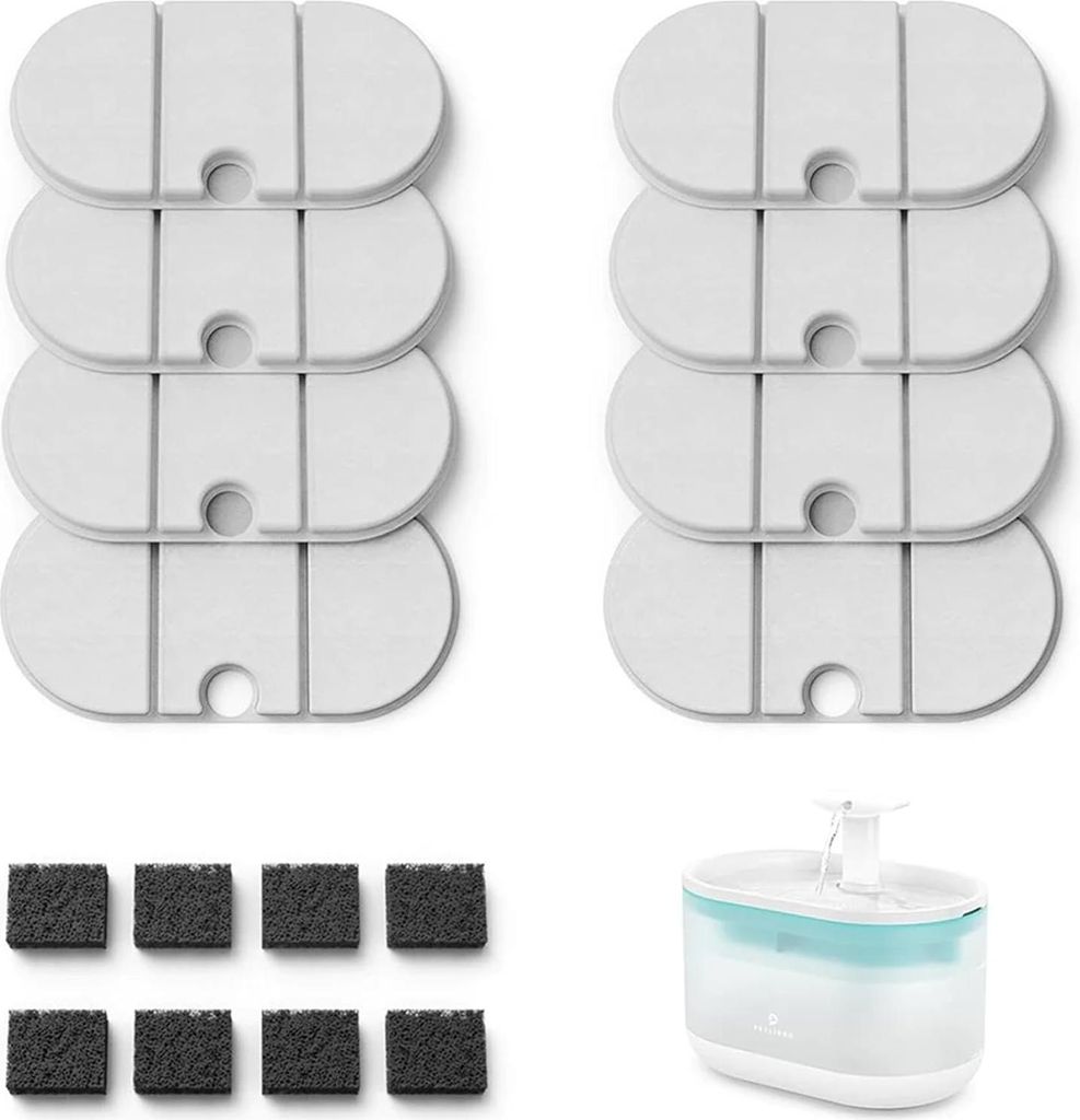 A collection of pet water fountain filters and sponges, along with a pet water fountain.