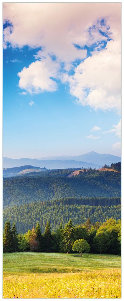 Wallario Premium Glasbild, freischwebende Optik, kräftige Farben, Größe 125 x 50 cm Motiv Berglandschaft im Gebirge unter blauem Himmel