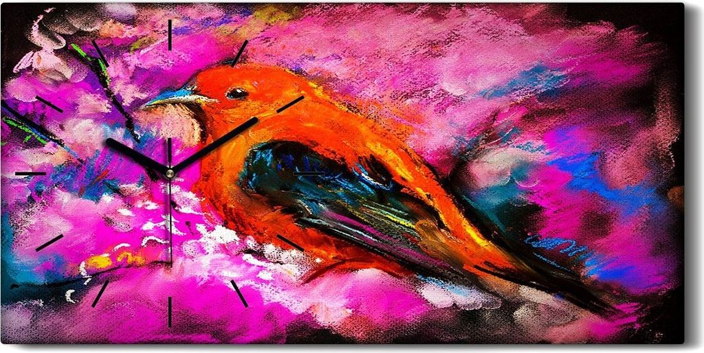Wandbild Leinwand Bilder mit Uhr Quarz 60x30 Modernes Gemälde eines roten Vogels - schwarze Hände